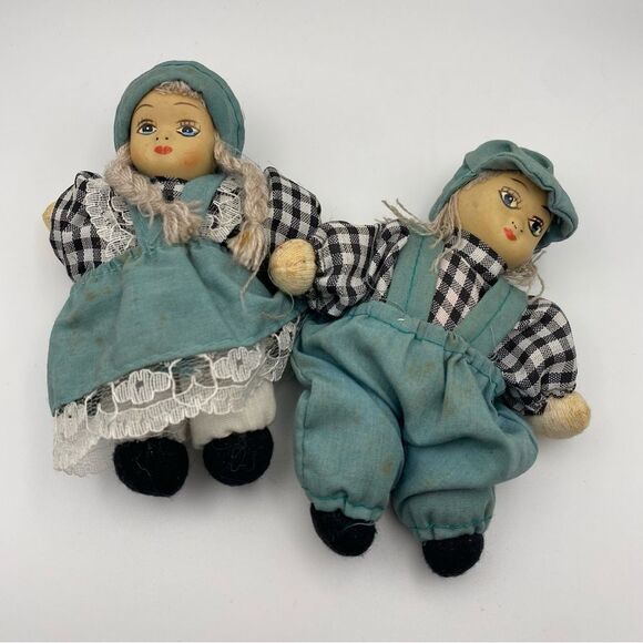 Folk Art Hand-painted Porcelain Face Boy & Girl Dolls - Picture 1 of 2